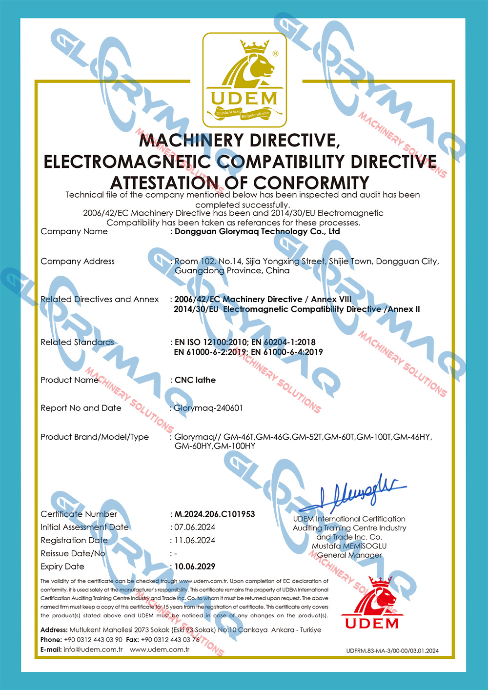Glorymaq CNC lathe CE certification